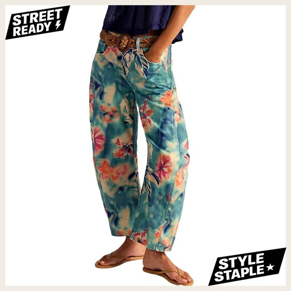 Women's Floral Print Wide Leg Barrel Jeans Mid Rise Boyfriend Fit Denim Pants